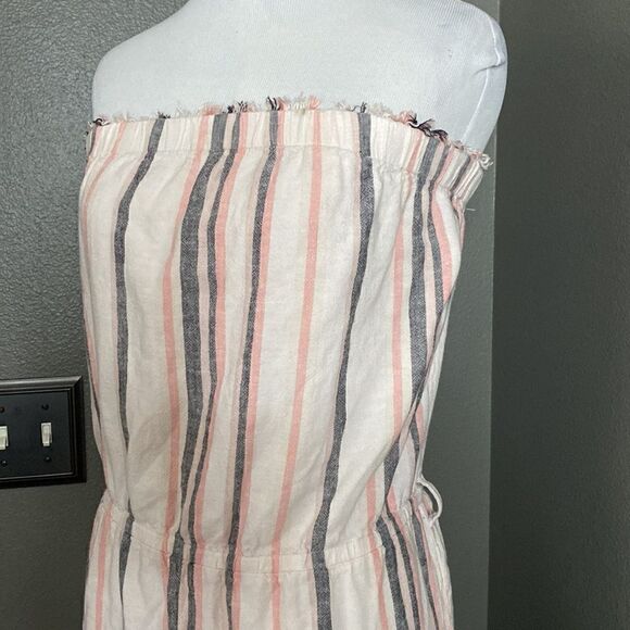 CLOTH & STONE Anthropologie Frayed Hem Strapless Linen Dress Vertical Striped - Picture 2 of 10
